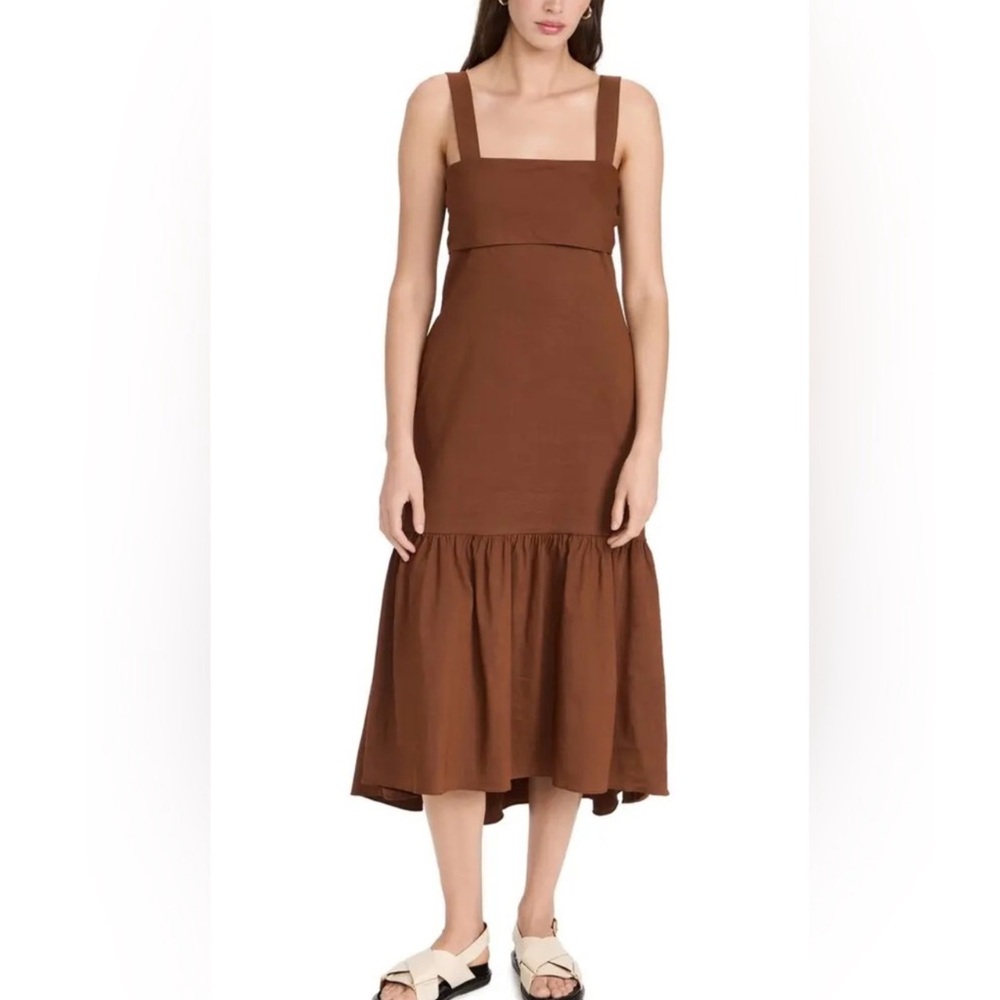 Theory Tie Back Midi Dress Size P Linen Blend Stretch Sleeveless Pocket Cognac